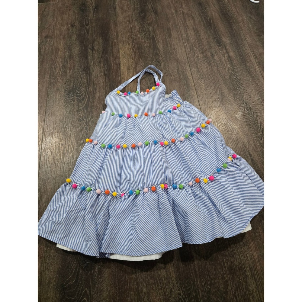 Tommy Bahama Girls 4T Seersucker Tiered Dress Blue White Pom Pom Trim Halter